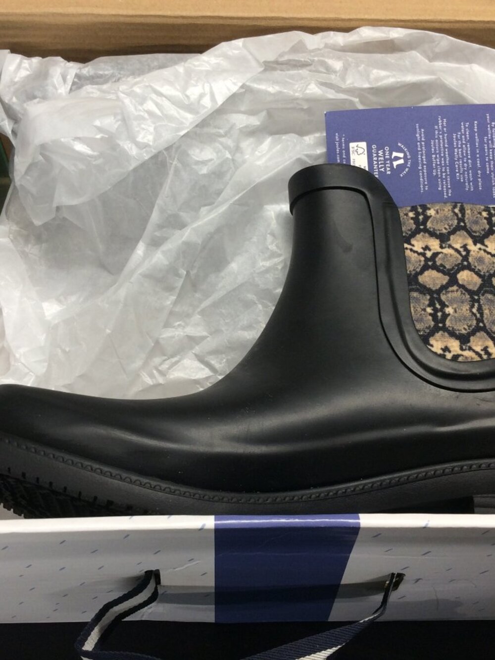 Joules Rutland Matte Black Rain Boots Women's 9 Snakeskin Accent New With Box